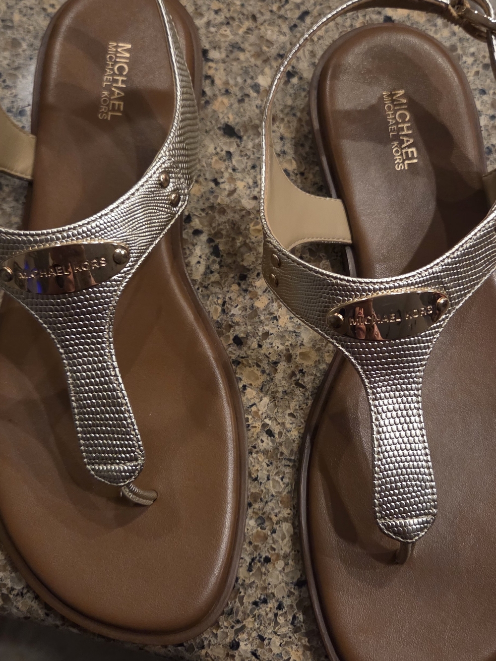 Michael Kors Rose Gold Textured T-Strap Sandals